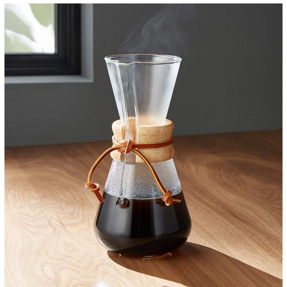 CHEMEX 3 cup classic Glass with Wood Handle Natural Rawhide leather tie